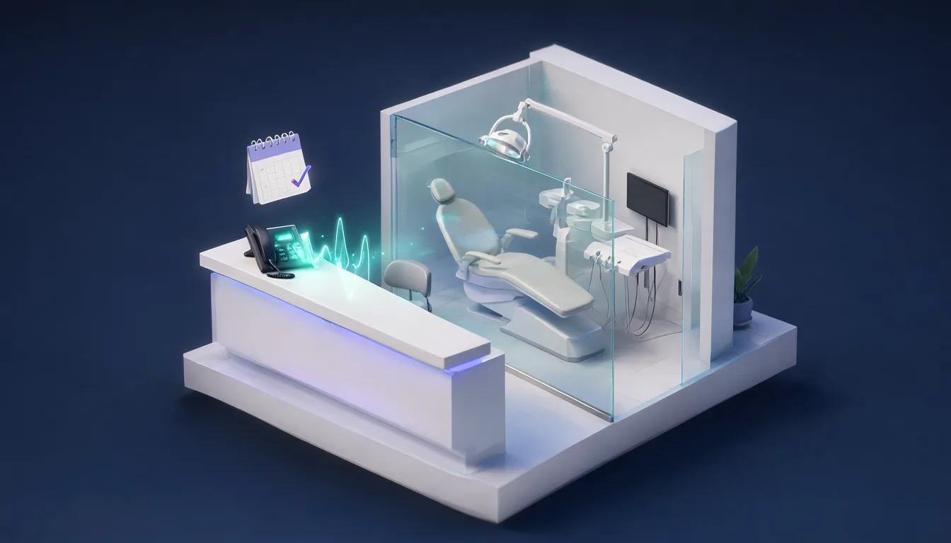Illustration of an AI answering service taking calls for dental offices